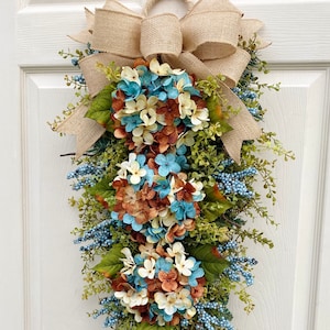 Fall, Hydrangea Wreath Swag, Blue  Song , Floral Swag~Winter, Spring, Summer, Fall~ Burgundy Front Door Decoration~Timeless Floral Boutique