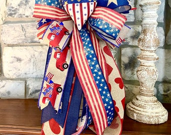 Americana, Patriotic, Military, wired edge ribbon bow for summer and 4th of July, wreath attachment for swag, wreath or lantern