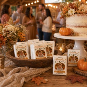 以下が含まれることがあります： Sweet Pumpkin Partyという文字と、カボチャのグラフィックの中に子供の丸い写真が入った長方形のパーティーギフト用パッケージの束。パッケージは暗い木製のボウルの中と、秋の装飾が施されたテーブルの上に配置されています。