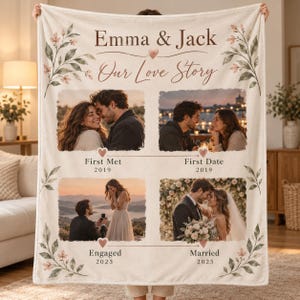 Personalisierte Liebesgeschichte-Decke, Decke mit individuellem Pärchenfoto, Jahrestagsgeschenk für Paare, Romantische Erinnerungsdecke