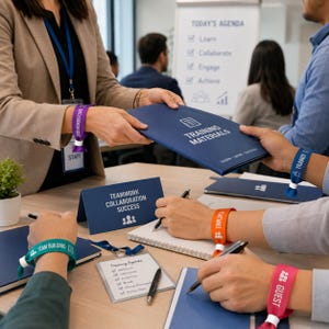 Puede incluir: Una colección de pulseras de tela coloridas usadas por los participantes en un taller. Las pulseras tienen etiquetas con texto que incluye Staff, Trainer, Team Building, Employee y Guest. Se sostiene una carpeta azul con el texto Training Materials.