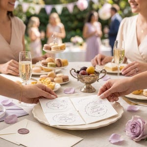 May include: Three white square paper napkins featuring a circular stamp-style design with the text Happy Birthday Isabella and Cheers to you today. The napkins are arranged on a large cream-colored plate on a table set with champagne and sweets.