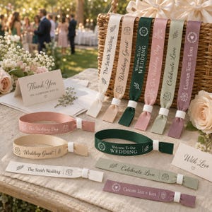 Puede incluir: Una colección de pulseras de tela en varios colores, incluyendo crema, verde oscuro, rosa empolvado y verde salvia. Cada pulsera presenta texto impreso como The Smith Wedding, Wedding Guest, Welcome To Our Wedding, Our Wedding Day, Celebrate Love y Custom Text + Icon, junto con pequeños iconos decorativos.