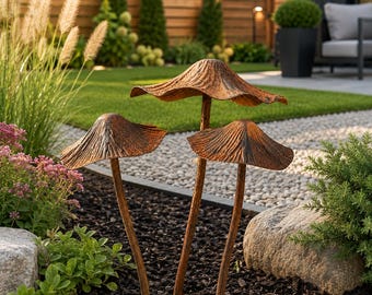 Metal mushroom garden stakes set of 3, rustic weatherproof yard decor