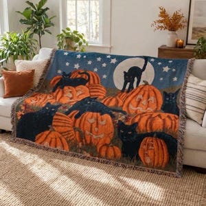Zwarte kat Halloween plaid, pompoen geweven wandtapijt, vintage herfst bankdecoratie, gotische herfst textielkunst