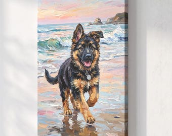 以下が含まれることがあります： 砂浜を走るジャーマンシェパードの子犬の油絵が描かれた長方形のキャンバスプリント。子犬は黒と茶色の毛並みで、銀色の首輪タグを付け、口を開けている。背景には海の波と夕焼けの空が描かれている。