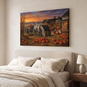 Toile imprimée sur le thème des récoltes d'automne, décoration murale « Ferme de citrouilles », paysage champêtre rustique au coucher du soleil, décoration de Thanksgiving, cadeau de pendaison de crémaillère sur le thème d'une ferme équestre
