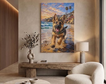 May include: A vertical oil painting on canvas depicting a German Shepherd puppy running through shallow ocean waves on a sandy beach. The scene features a vibrant sunset sky with orange and blue hues, palm trees, and textured brushstrokes.