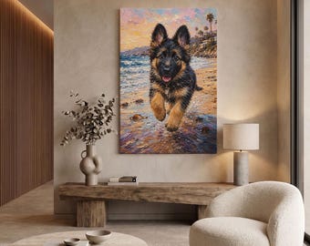 May include: A vertical wall art print featuring an oil painting of a German Shepherd puppy running along a sandy beach at sunset. The puppy has black and tan fur, and the background shows ocean waves, a rocky coastline, and a pinkish sky.