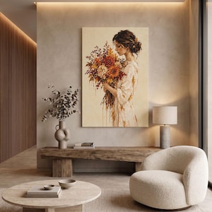 Autumn Woman Canvas Print, Fall Floral Wall Art, Rustic Botanical Decor, Boho Cottagecore Canvas, Earthy Warm Tones Bedroom Artwork