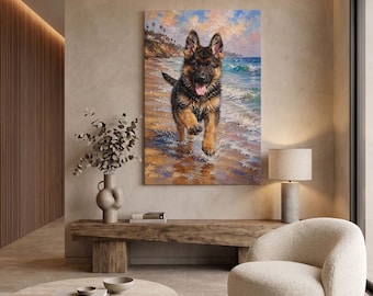 以下が含まれることがあります： 砂浜の浅瀬を走るジャーマンシェパードの子犬の油絵が描かれた長方形のウォールアートプリント。子犬は黒と茶色の毛並みで、背景には海岸線と柔らかな色合いの空が描かれています。