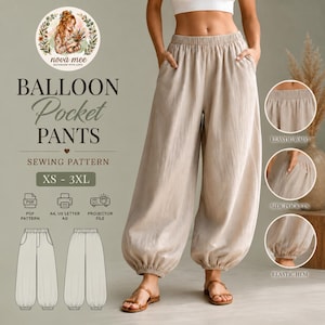 May include: Beige balloon pocket pants sewing pattern featuring an elastic waist, side pockets, and elastic hems. The digital pattern includes sizes XS to 3XL with PDF, A4, US Letter, A0, and projector file formats for printing and assembly.