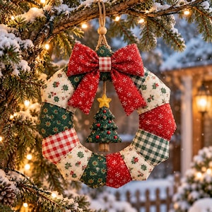 May include: A quilted fabric wreath featuring alternating segments of red, green, and cream patterns including holly leaves, snowflakes, and gingham checks. A large red bow sits at the top, and a small stuffed Christmas tree hangs in the center.