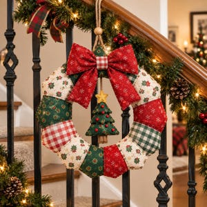 Peut inclure: Une couronne de Noël en tissu composée de segments matelassés alternés en rouge, vert et crème avec des motifs de houx, de flocons de neige et de vichy. Un grand nœud rouge orne le haut et un petit sapin en tissu est suspendu au centre.