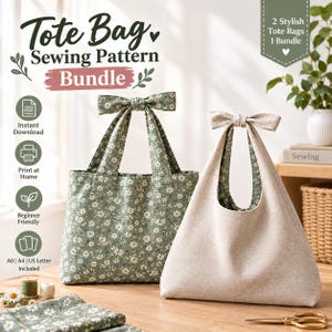 Könnte beinhalten: Ein Schnittmuster-Set für Tragetaschen mit zwei Modellen. Eine Tasche hat ein grünes Blumenmuster mit weißen Gänseblümchen, die andere besteht aus beigem Stoff. Beide Taschen haben gebundene Schleifengriffe. Text: Tote Bag Sewing Pattern Bundle.