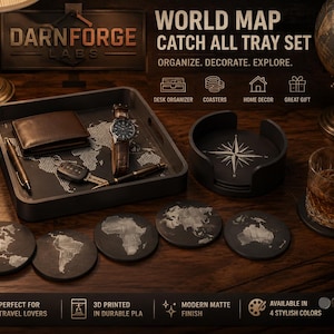 World Map Catch All Tray Set – 3D Printed Desk Organizer with Continental Coasters