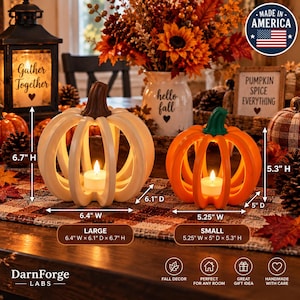 May include: Two decorative pumpkin-shaped candle holders with cut-out ribs and internal tea lights. The large white pumpkin measures 6.4 inches wide, 6.1 inches deep, and 6.7 inches high. The small orange pumpkin measures 5.25 inches wide, 5 inches deep, and 5.3 inches high.