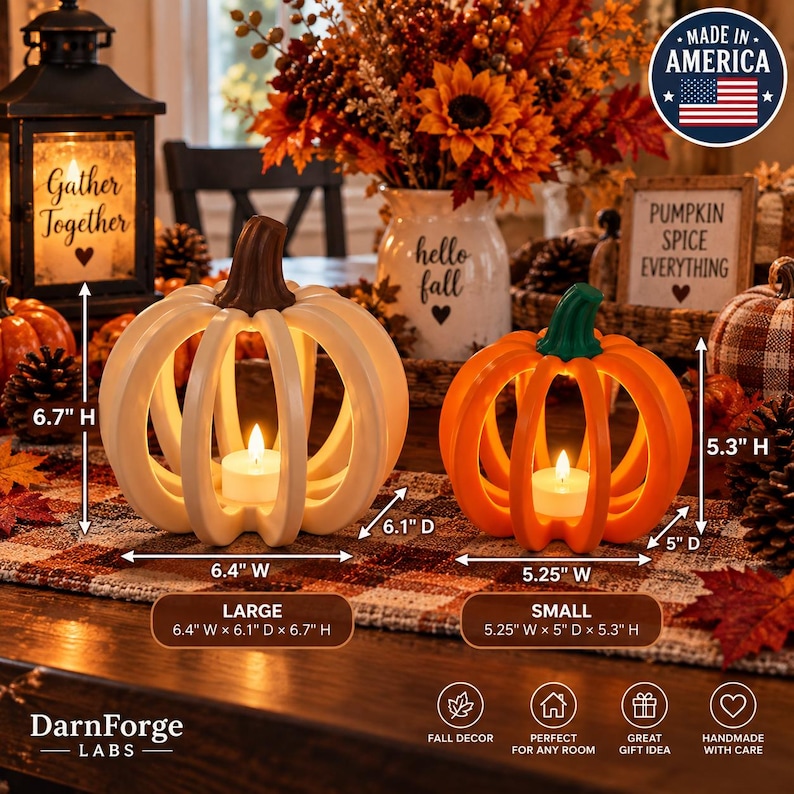 May include: Two decorative pumpkin-shaped candle holders with cut-out ribs and internal tea lights. The large white pumpkin measures 6.4 inches wide, 6.1 inches deep, and 6.7 inches high. The small orange pumpkin measures 5.25 inches wide, 5 inches deep, and 5.3 inches high.