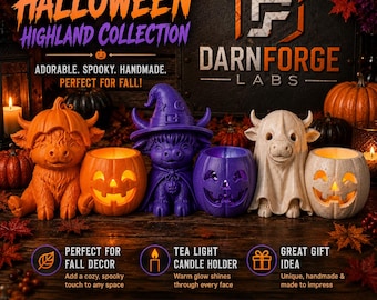 Highland Cow Halloween Decor – Pumpkin, Witch, Ghost Tea Light Holder