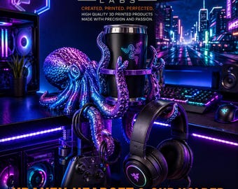 Kraken Octopus Cup Holder and Headset Stand – Monster of the Seas Gaming Desk Accessory.