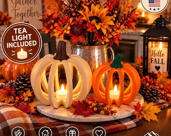 Ribbed Pumpkin Lantern – LED Tea Light, Fall Halloween Decor