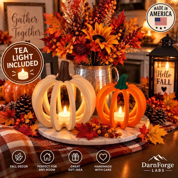 Ribbed Pumpkin Lantern – LED Tea Light, Fall Halloween Decor
