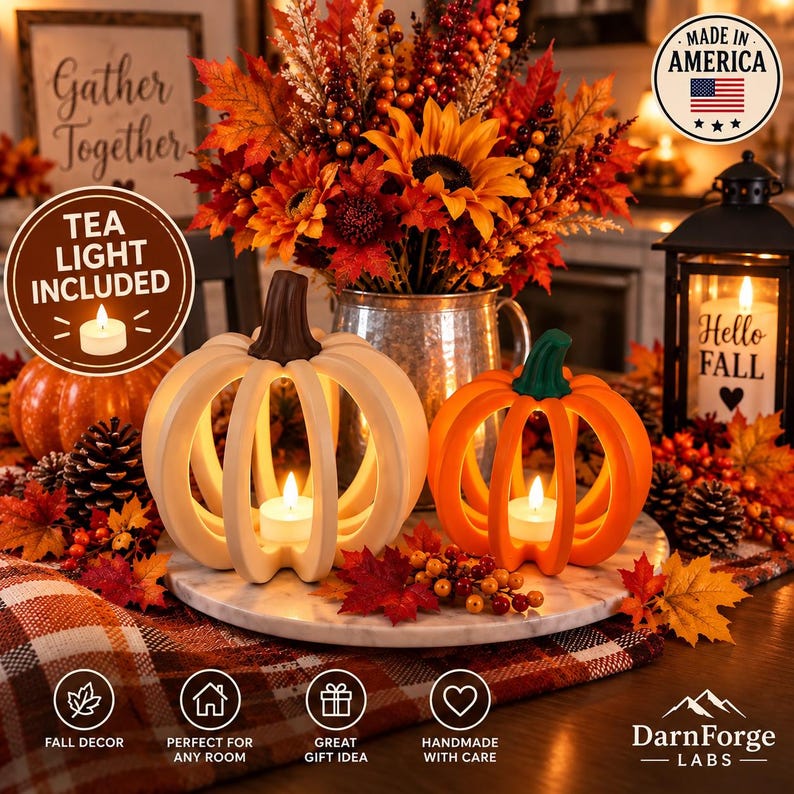 May include: Two decorative pumpkin-shaped candle holders, one cream and one orange, each featuring a tea light inside. They are arranged on a marble tray surrounded by autumn-themed foliage, pinecones, and a black lantern with a Hello Fall sign.