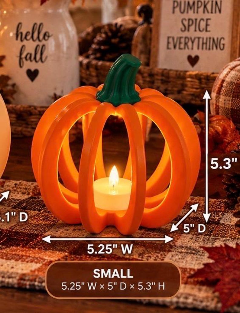 May include: An orange pumpkin-shaped candle holder with a green stem, featuring a hollow slatted design and a white tea light candle inside. The dimensions are clearly labeled as 5.25 inches wide, 5 inches deep, and 5.3 inches high.