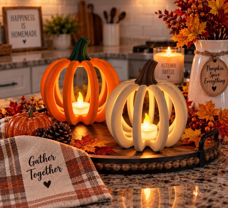 May include: Two open-frame pumpkin candle holders, one orange and one white, each containing a small LED tea light. They sit on a dark wooden tray with a plaid cloth featuring the text Gather Together, a small decorative pumpkin, and a white vase.