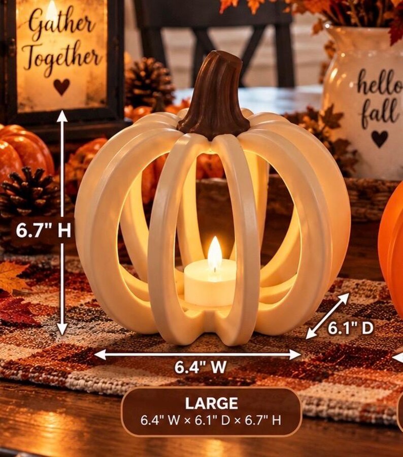 May include: A cream-colored, open-frame pumpkin decoration with a brown stem and a white LED tea light inside. The pumpkin measures 6.4 inches wide, 6.1 inches deep, and 6.7 inches high, as indicated by the text and arrows on the image.