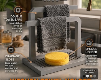 Modern Freestanding Dish Towel & Sponge Holder with Drainage Base – Kitchen or Bathroom Organizer