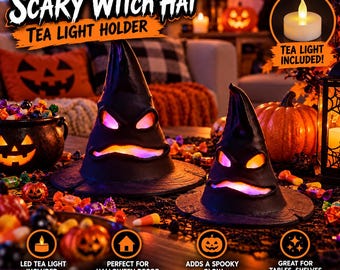 Scary Witch Hat Tea Light Holder, Spooky Halloween Decor (LED Included)