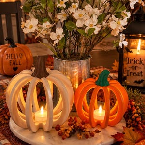 May include: Two hollow pumpkin-shaped candle holders, one white with a brown stem and one orange with a green stem, each containing a small tea light candle. They sit on a round white marble tray alongside a metal bucket of white flowers.