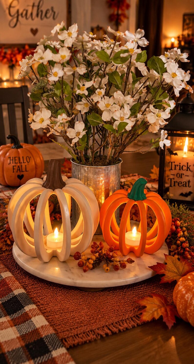 May include: Two hollow pumpkin-shaped candle holders, one white with a brown stem and one orange with a green stem, each containing a small tea light candle. They sit on a round white marble tray alongside a metal bucket of white flowers.