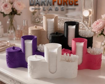 Elegant Floral Vanity Organizer with Cotton Pad Holder, Q-Tip Compartment and Lidded Storage.