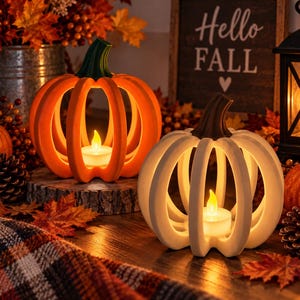 May include: Two hollow pumpkin-shaped candle holders, one orange with a green stem and one white with a brown stem, each containing a small battery-operated tea light candle that emits a warm glow, positioned on a wooden surface.