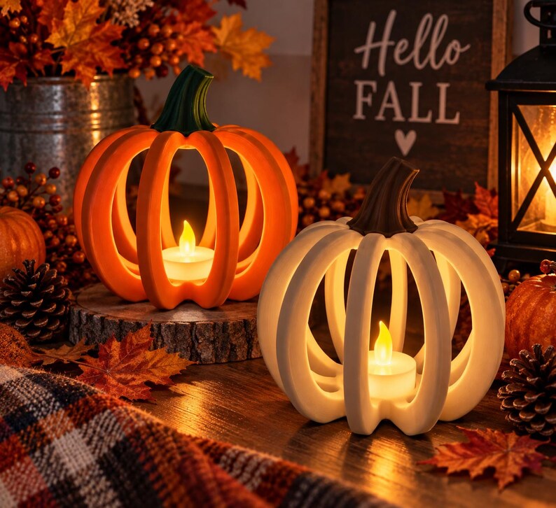 May include: Two hollow pumpkin-shaped candle holders, one orange with a green stem and one white with a brown stem, each containing a small battery-operated tea light candle that emits a warm glow, positioned on a wooden surface.