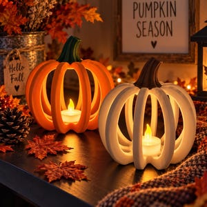 May include: Two decorative pumpkin-shaped candle holders, one orange with a green stem and one white with a brown stem, each featuring a hollow ribbed design and a small battery-operated tea light candle glowing from within the center.