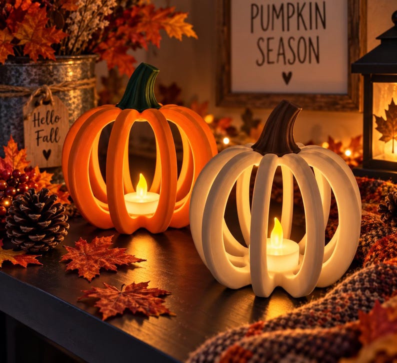 May include: Two decorative pumpkin-shaped candle holders, one orange with a green stem and one white with a brown stem, each featuring a hollow ribbed design and a small battery-operated tea light candle glowing from within the center.