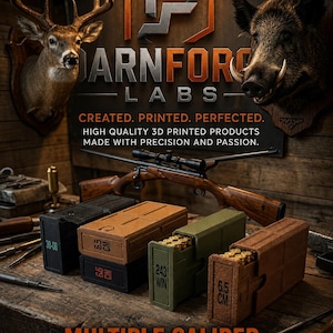May include: A collection of rectangular 3D printed ammunition magazines in black, tan, olive green, and brown, labeled with calibers like 30-06, 6.5 CM, and 243 WIN. The text reads BARNFORGE LABS, CREATED. PRINTED. PERFECTED. and MULTIPLE CALIBER 20 ROUND CAPACITY.