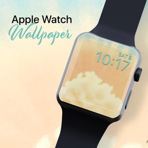 May include: A black smartwatch featuring a digital display with a sunset-colored sky and cloud graphic. The screen shows the time 10:17 and the date SAT 8. Text on the image reads Apple Watch Wallpaper and Art Nifty Digital.