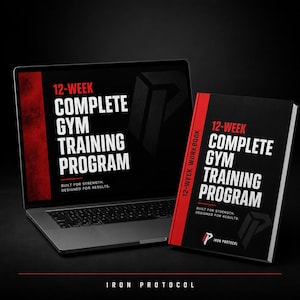 Könnte beinhalten: Ein Laptop, der ein 12-wöchiges komplettes Fitnesstraining-Programm anzeigt, sowie ein passendes physisches Arbeitsbuch. Beide haben ein schwarz-rotes Design mit dem Text 12-week complete gym training program, built for strength, designed for results.