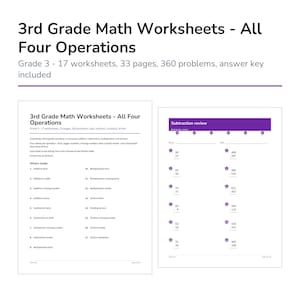 May include: A set of 3rd Grade Math Worksheets featuring all four operations. The document includes 17 worksheets, 33 pages, 360 problems, and an answer key. The pages show a table of contents and a subtraction review page with math problems.