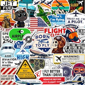 May include: A collection of aviation-themed stickers featuring airplanes, pilot gear, skulls in flight helmets, a cat in a pilot uniform, and text such as "Trust me, I'm a pilot," "Born to fly," "Flight club," and "I fly better than I drive."