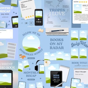 May include: A digital social media template set for book reviews featuring light blue backgrounds, illustrations of smartphones, notebooks, pens, and headphones, with text placeholders like Monthly Recap, Tropes I Love, and Books on My Radar.