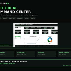 May include: A digital Excel operating system titled TradePilot HQ Electrical Command Center. The interface features a dashboard with data metrics, a monthly revenue trend line graph, and a service mix pie chart, organized for electrical business management.