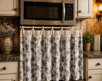Cenefas de cocina con estampado floral azul, cenefas para ventanas estilo granja, regalo para casa nueva, cortinas rústicas para ventanas de cocina, regalo de inauguración de casa