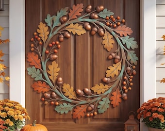 May include: A circular wreath featuring metallic oak leaves in shades of orange, yellow, and muted green, interspersed with clusters of small round berries and textured acorns. The decorative piece is mounted on a dark brown wooden door.