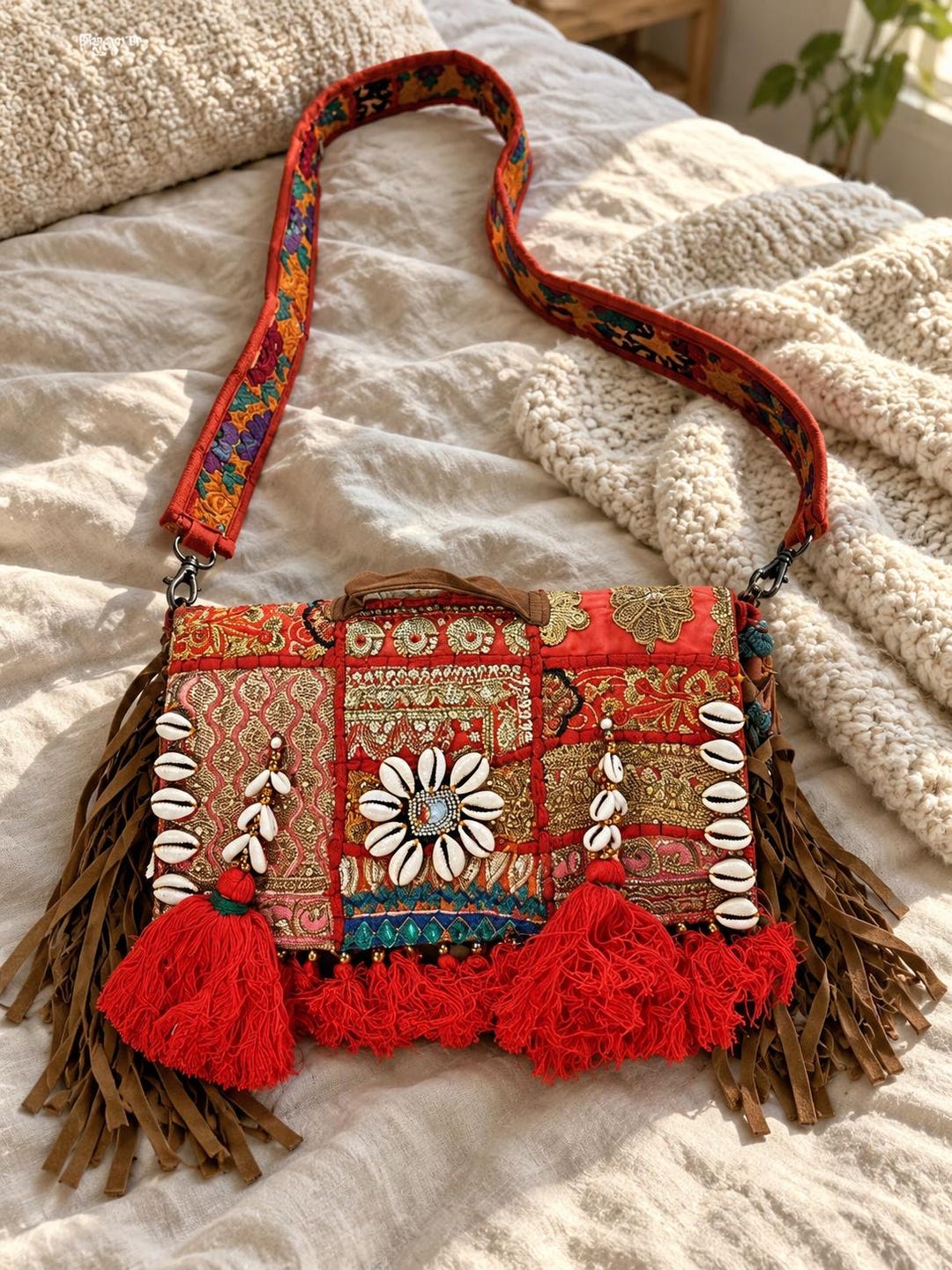 Banjara Style Crossbody Bag, Cowrie Shell Embroidered Purse, Boho ...
