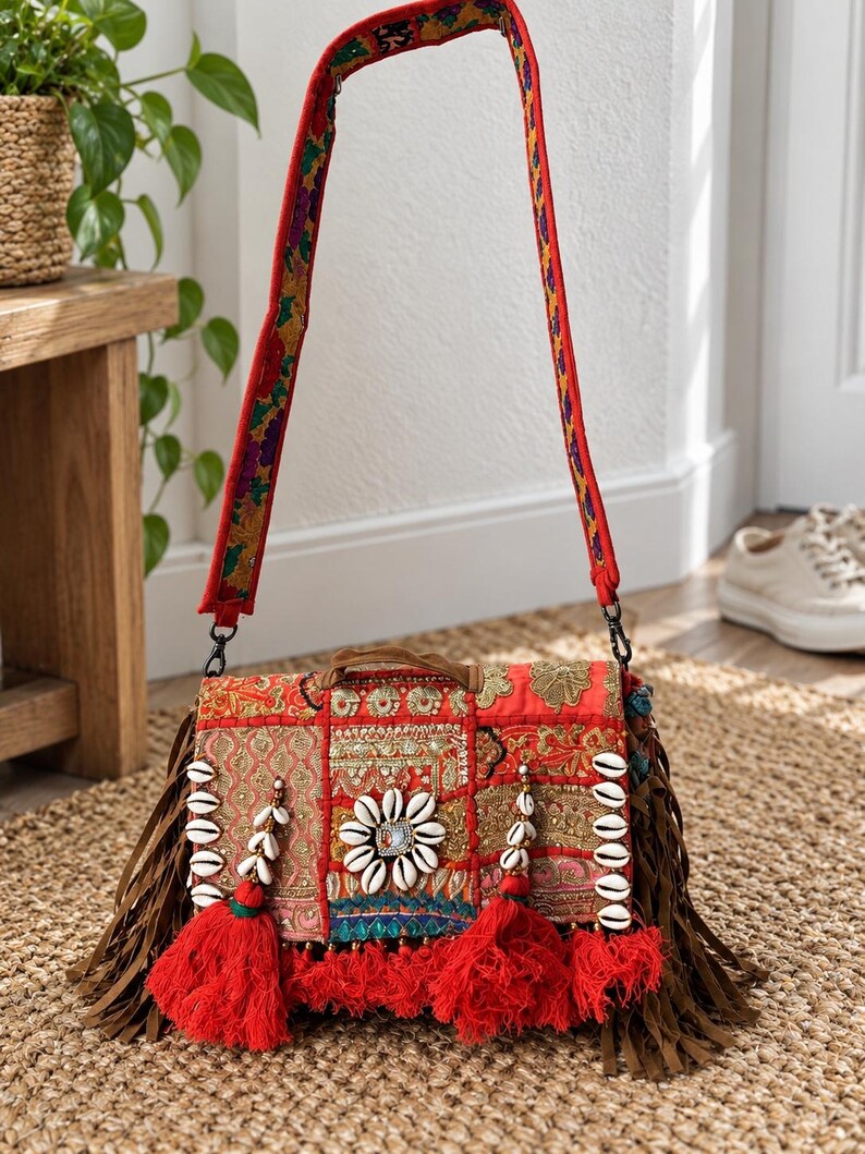 Banjara Style Crossbody Bag, Cowrie Shell Embroidered Purse, Boho ...